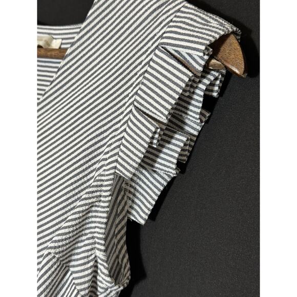 Monteau Los Angeles Dress Grey White Stripe Fit Flare Dress Small Cap Sleeve - Picture 6 of 8